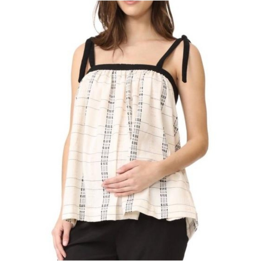 Hatch 0 XS Maternity Bow Tie Straps Cream Black Woven Babydoll Tank Top‎